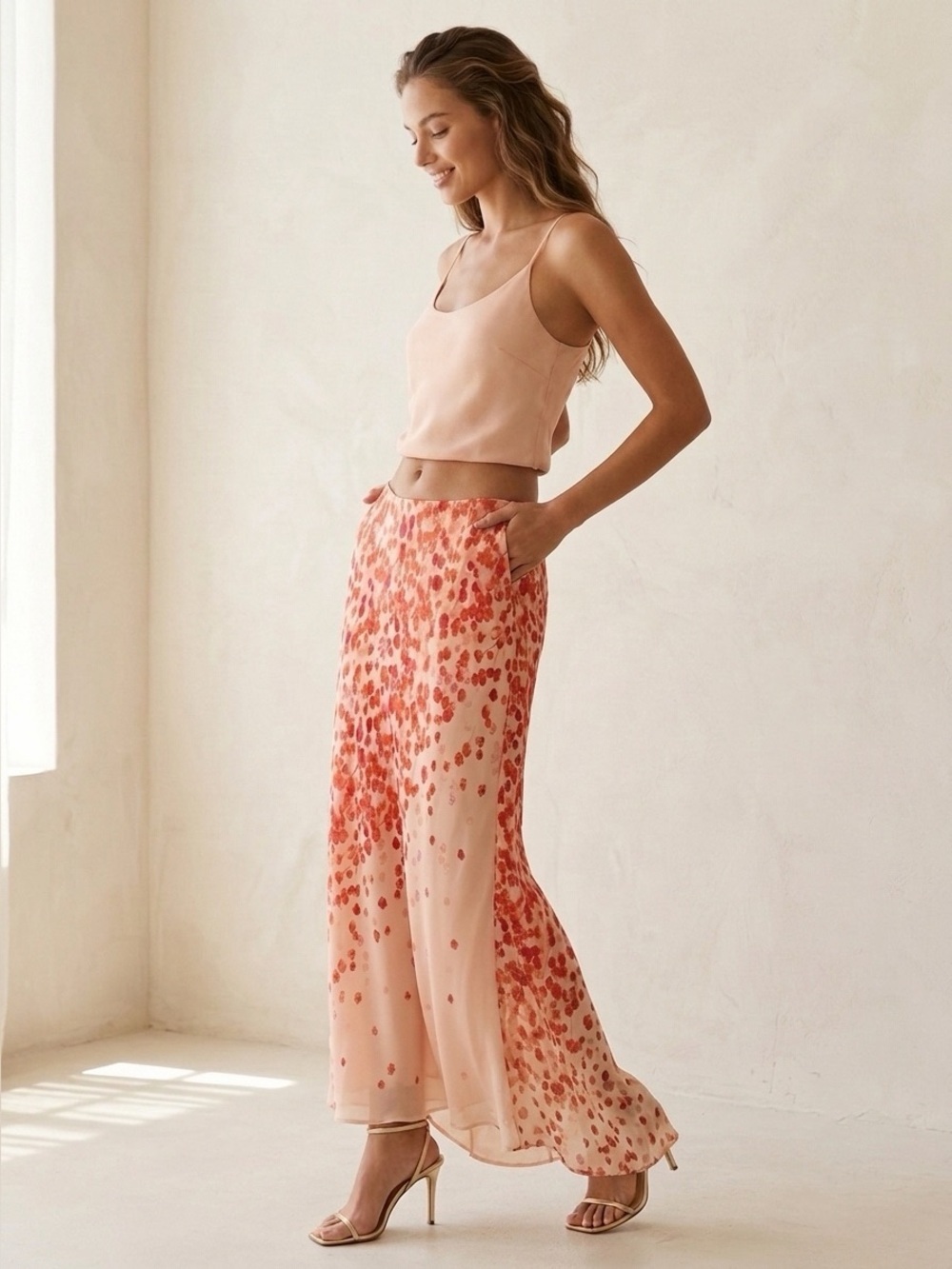 Adrianna Papell Pink and Red Ombré Floral 100% Silk Maxi Skirt 10